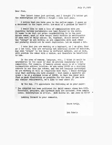 Letter from Bob Fabris to Fred Cornett (7-21-1980)
